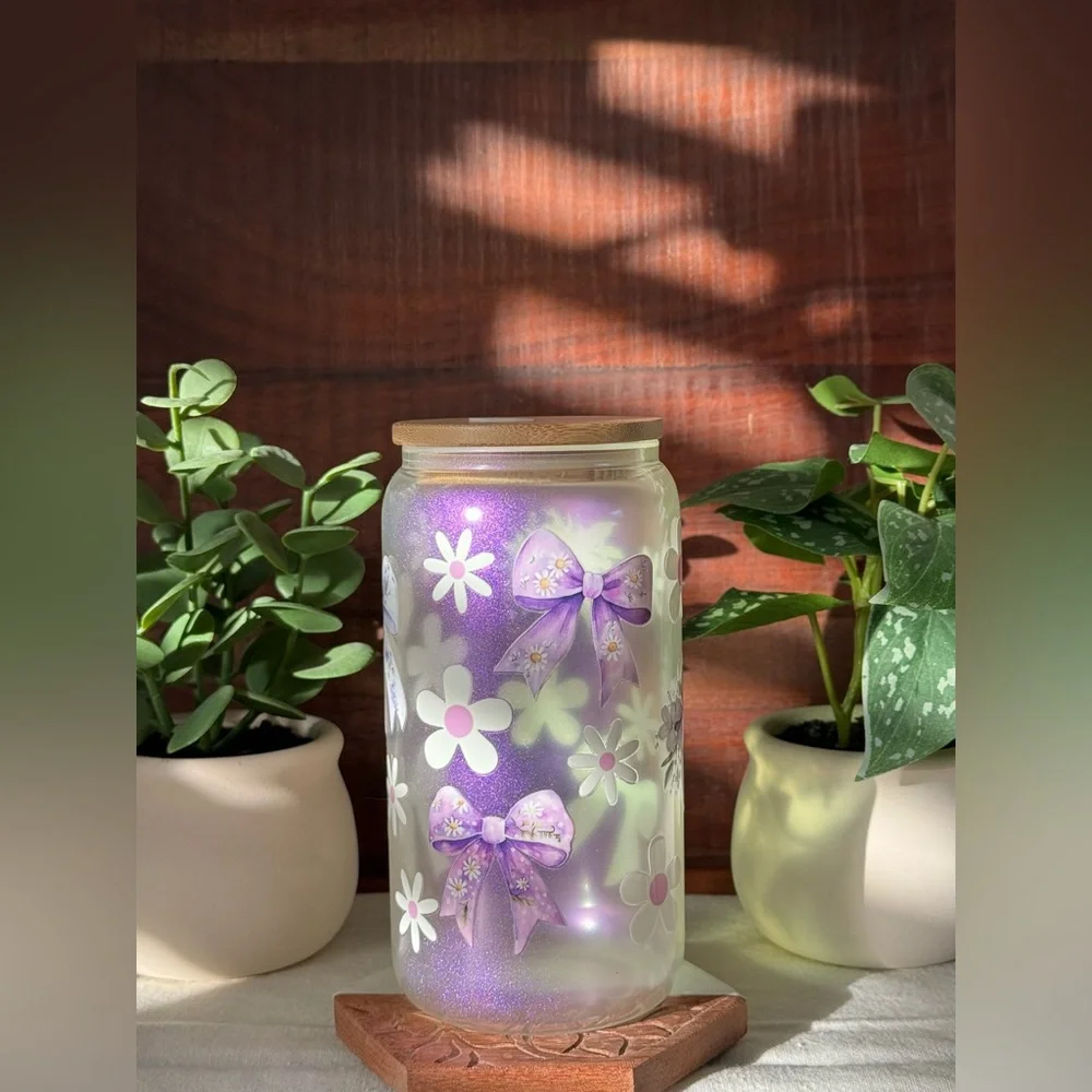 Purple Bows and Daisies Coquette Iridescent Glass Can with Pink Glass Cup - Picture 2 of 12